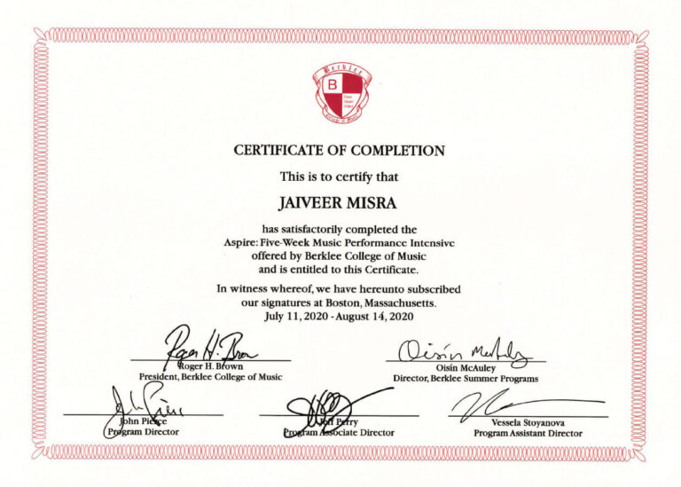 Berklee College of Music-Certificate of Completion