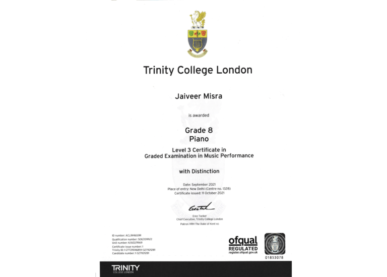 Trinity College London-(Vocals) Distinction 2021